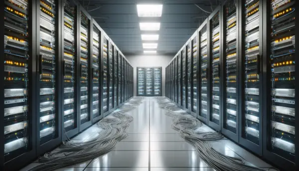 dall·e 2024 05 09 15.22.00 a semi organized datacenter depicted in a highly detailed and realistic manner, with a wide horizontal layout. the scene shows server racks that are s